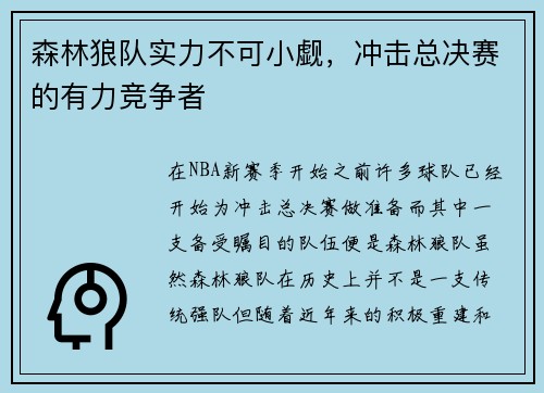 森林狼队实力不可小觑，冲击总决赛的有力竞争者