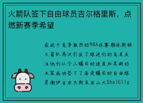 火箭队签下自由球员吉尔格里斯，点燃新赛季希望