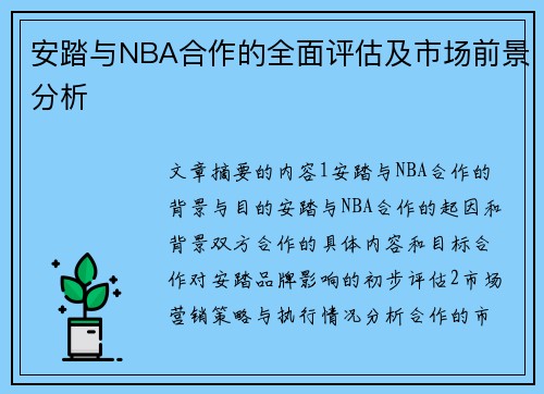 安踏与NBA合作的全面评估及市场前景分析