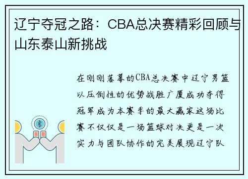 辽宁夺冠之路：CBA总决赛精彩回顾与山东泰山新挑战